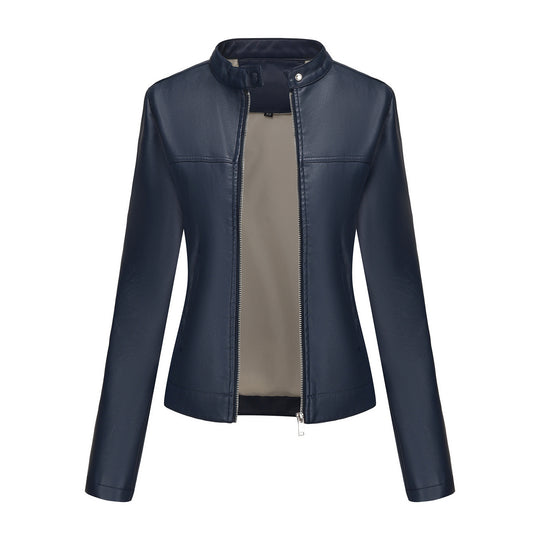 Damen nan taillierte Kunstlederjacke mit Stehkragen, verdecktem Reißverschluss und cleanem Minimaldesign EB