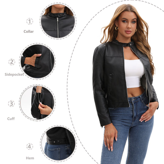 Damen nan taillierte Kunstlederjacke mit Stehkragen, verdecktem Reißverschluss und cleanem Minimaldesign EB