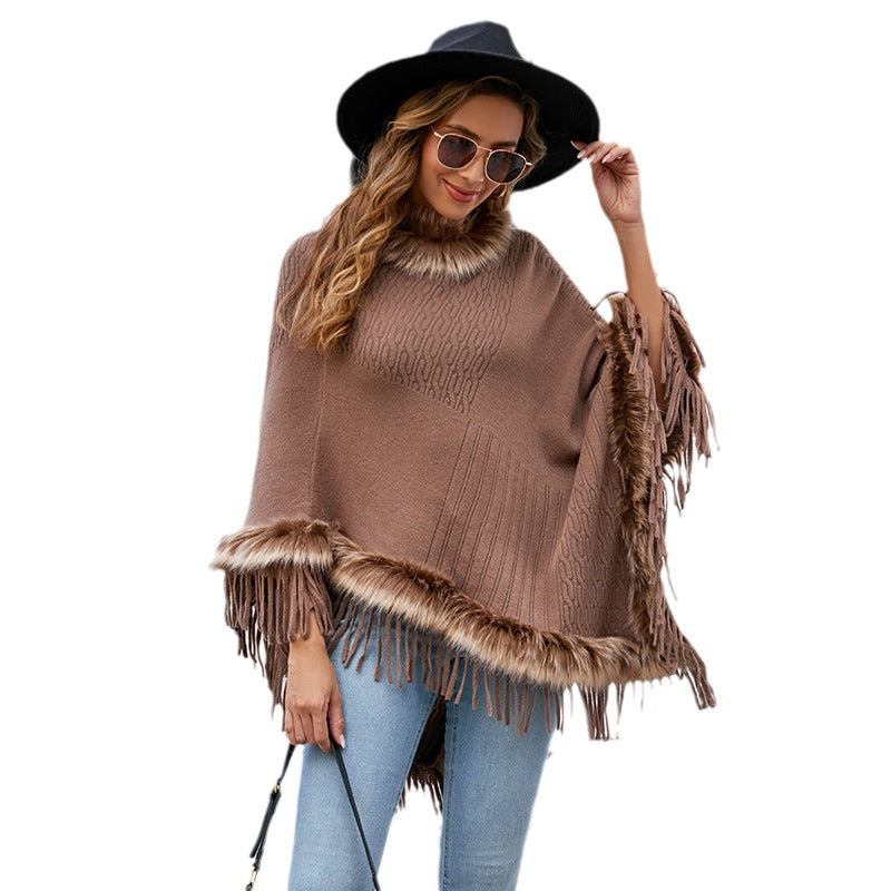 Damen eleganter Poncho mit luxuriösem Kunstfellkragen und dekadenten Fransen EB