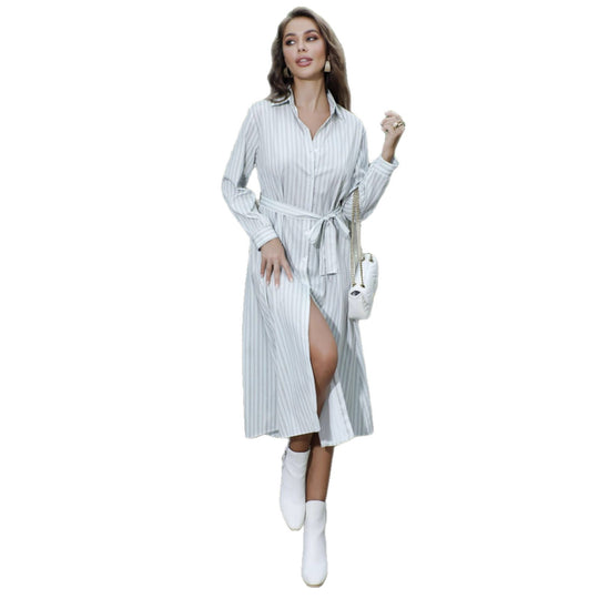 Damen Hemdkleid mit gestreiftem Design und Taillengürtel EB