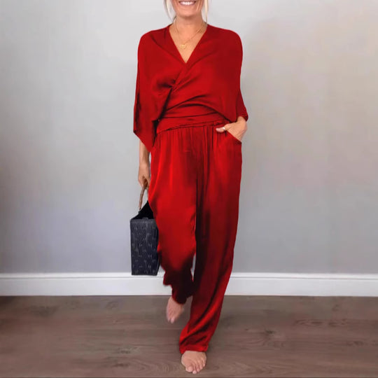 Damen Elegantes Wickeloberteil mit weitem Schnitt und passenden Palazzo-Hosen EB