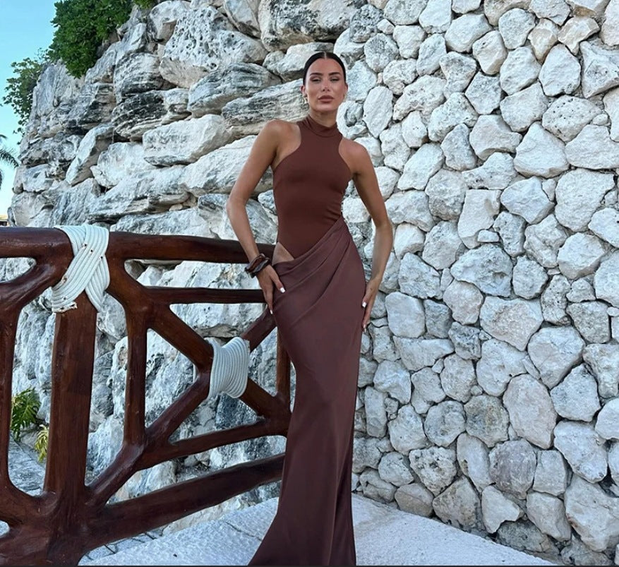 Damen Elegantes bodenlanges Kleid mit hochgeschlossenem Kragen und asymmetrischer Drapierung EB