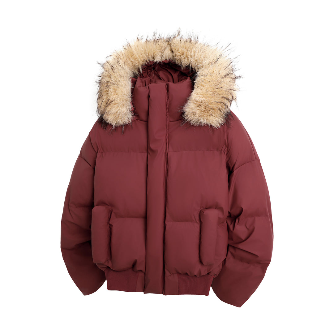 Damen modische Steppjacke mit kuscheligem Kunstfellbesatz und praktischen Taschen EB