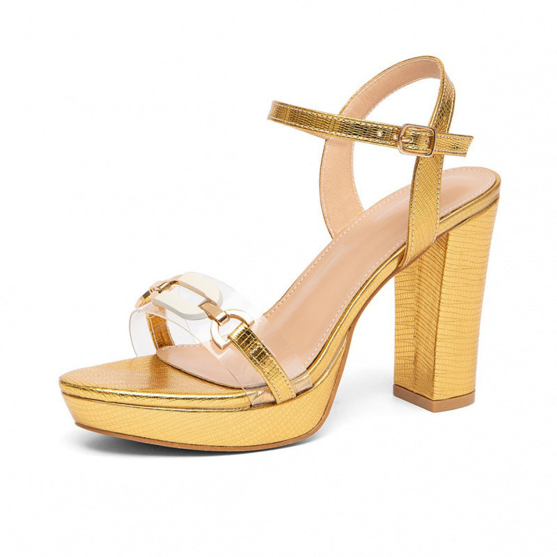 Damen Modische Riemchen-Sandalen mit transparenten Einsätzen und breitem Blockabsatz EB