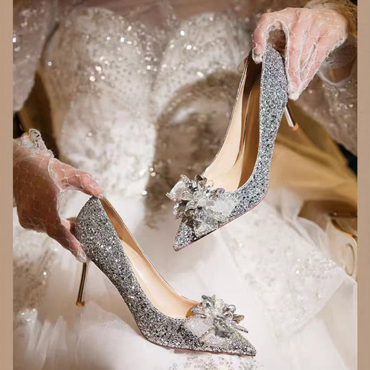 Damen Glamouröse hochhackige Glitzer-Pumps mit eleganter Schleifenverzierung EB