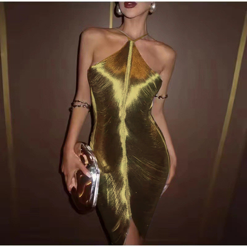 Damen Elegantes Partykleid mit verführerischem Schlitz und goldenen Akzenten EB