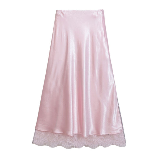 Damen  ausgestellter Satin-Midirock mit feiner Spitzenunterlage und nahtlosem Taillenbund EB