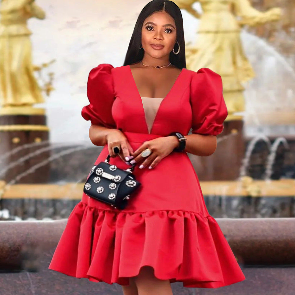 Damen elegantes Wickelkleid mit voluminösen Puffärmeln und Rüschensaum EB