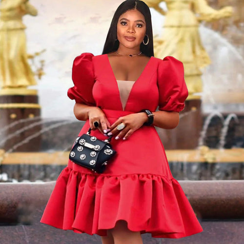Damen elegantes Wickelkleid mit voluminösen Puffärmeln und Rüschensaum EB