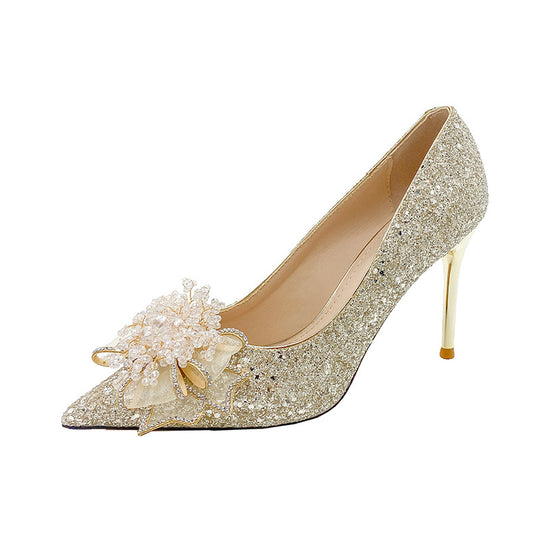Damen Glamouröse Pumps mit funkelndem Strass und exquisite Blumenapplikation EB