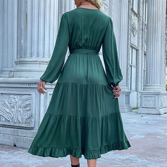 Damen Maxikleid mit Knopfleiste, Taillengürtel und Rüschensaum EB