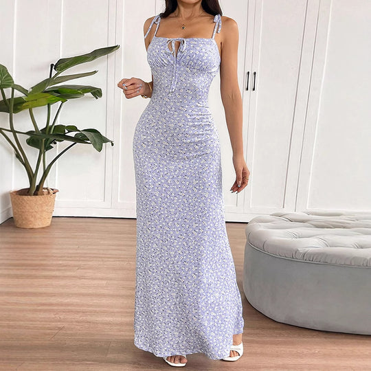 Damen luftiges Maxikleid mit verstellbaren Spaghettiträgern und süßem Blumendruck EB