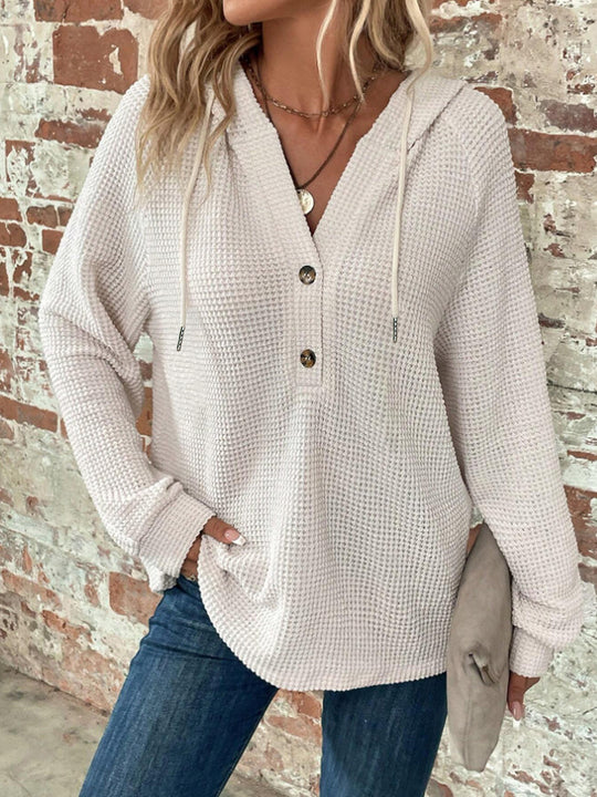 Damen lässiger Kapuzenpullover mit Knopfdetails und strukturiertem Gewebe EB