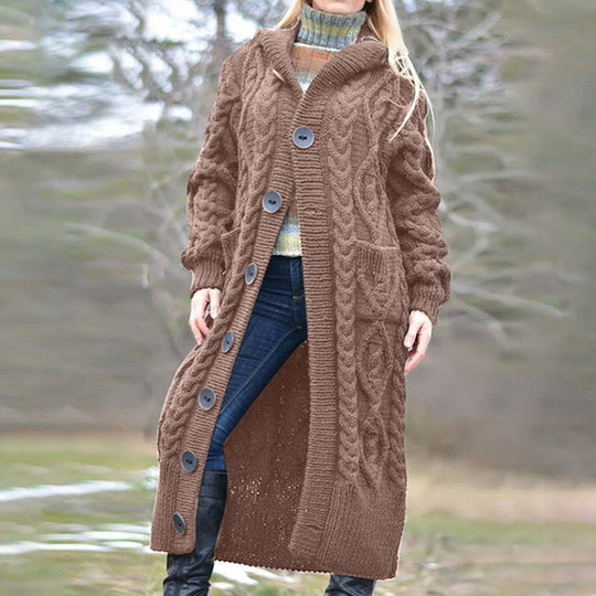 Damen Strickmantel mit Kapuze und Kabelmuster EB