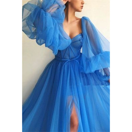 Damen Tüll Abendkleid mit voluminösen Ärmeln und seitlichem Schlitz EB