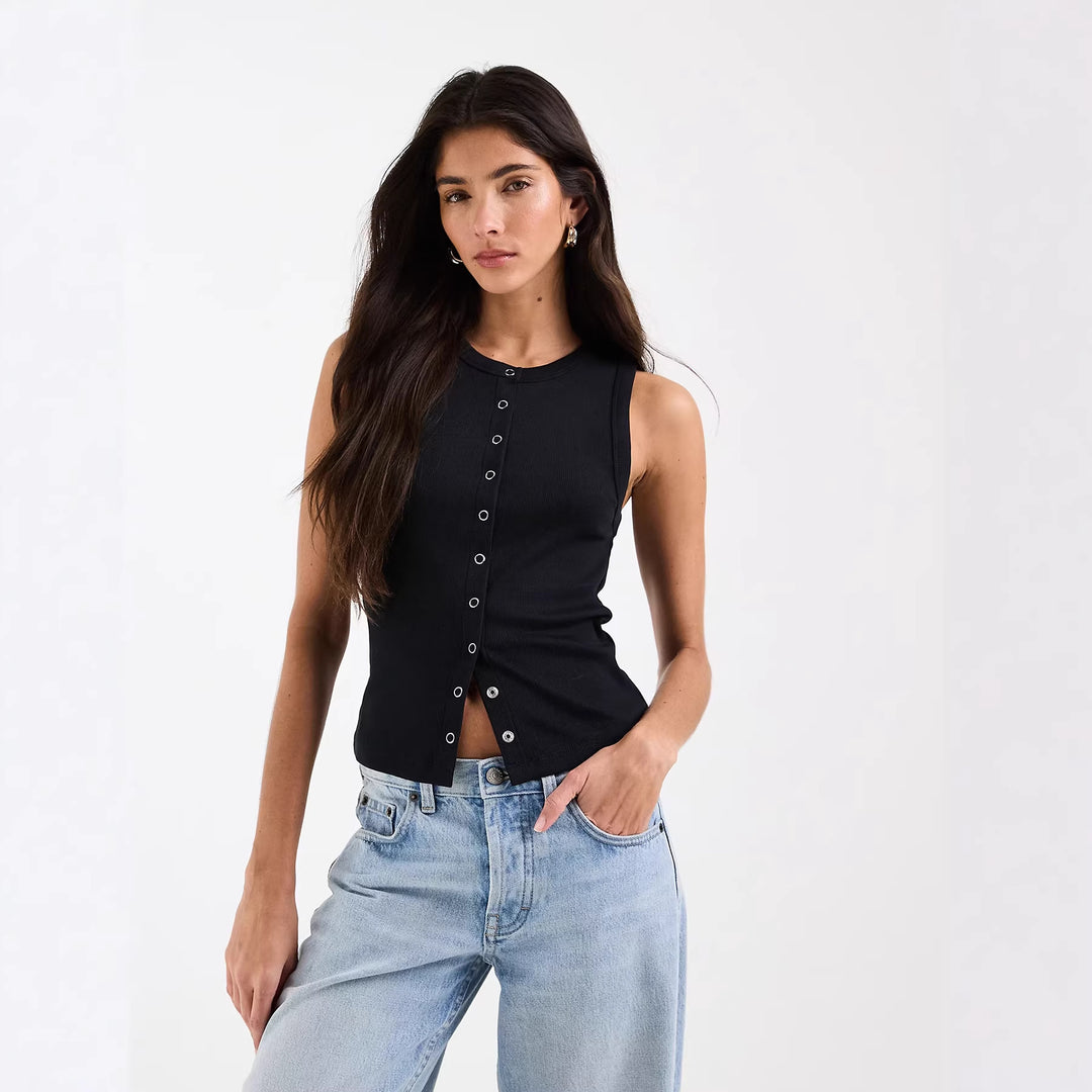 Damen Ärmelloses Rippenshirt mit durchgehender Knopfleiste EB