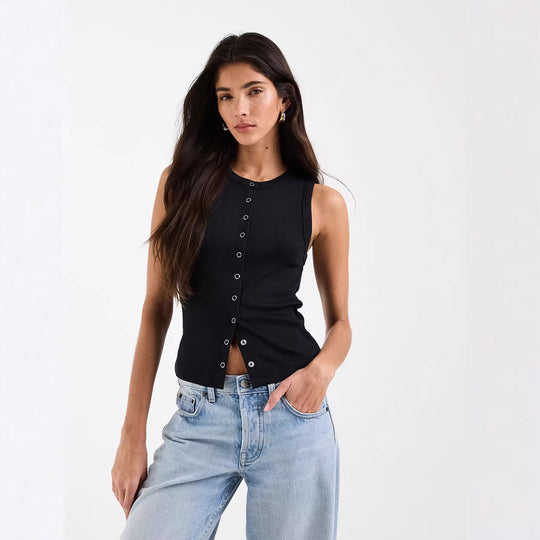Damen Ärmelloses Rippenshirt mit durchgehender Knopfleiste EB