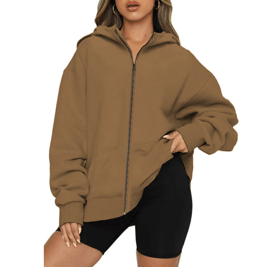 Damen nan leichte Zip-Kapuzenjacke im Relaxed-Fit mit Kängurutasche und gerippten Bündchen EB