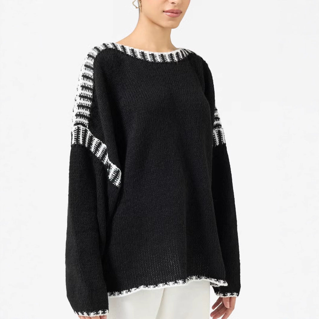 Damen Oversize Grobstrickpullover mit Kontraststreifen an Schultern und Saum EB