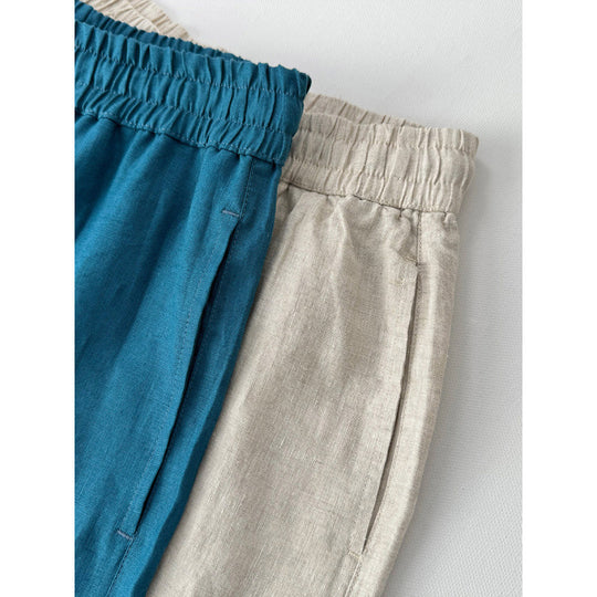 Damen lockere Leinenhose mit elastischem Bund und seitlichen Eingrifftaschen EB
