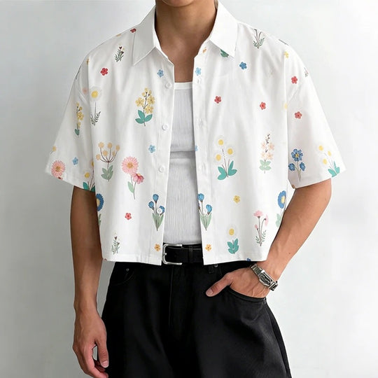 Damen nan kastig geschnittene Kurzarm-Hemdbluse mit floralem Allover-Print, Hemdkragen und kurzem Saum EB