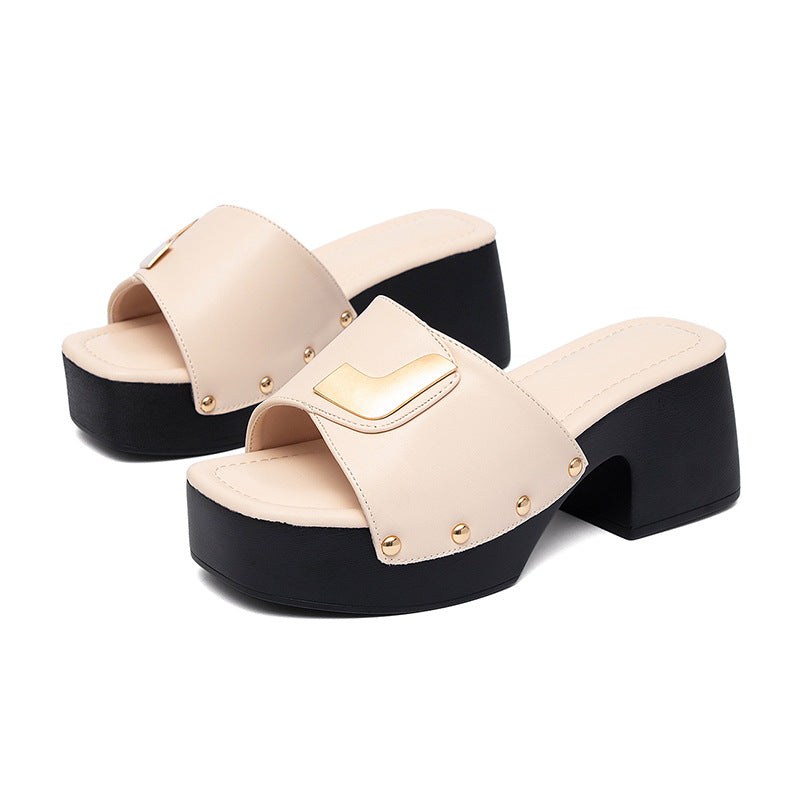 Damen modische Mules mit goldfarbener Schnalle und breitem Blockabsatz EB