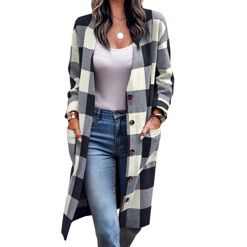 Damen Längerer Karokartenjacke mit Taschen EB