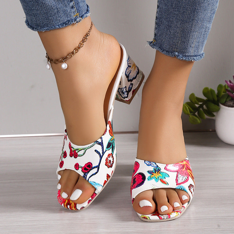 Damen Offene Mules mit floralem Design und komfortablem Blockabsatz EB