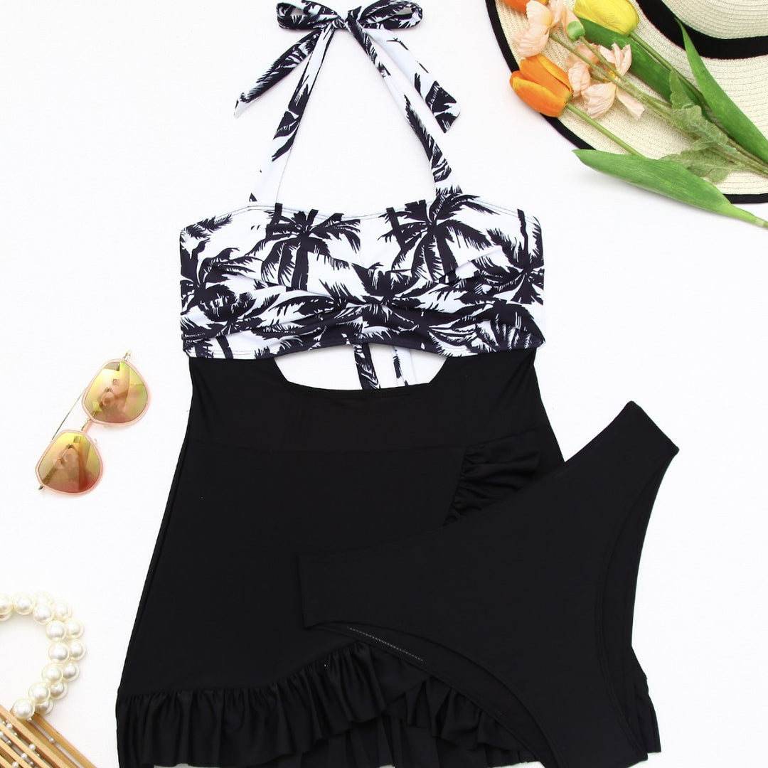 Damen Tankini-Set mit elegantem Wellenmuster und fröhlichem Rüschensaum EB