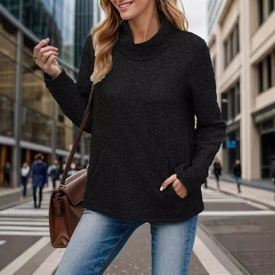 Damen lässiger Pullover mit hohem Kragen und Taschen EB