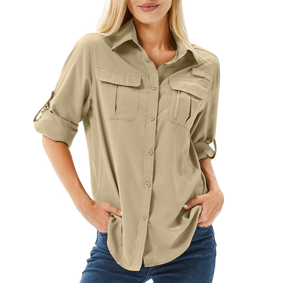 Damen lässige Bluse mit praktischen Taschen und umschlagbaren Ärmeln EB