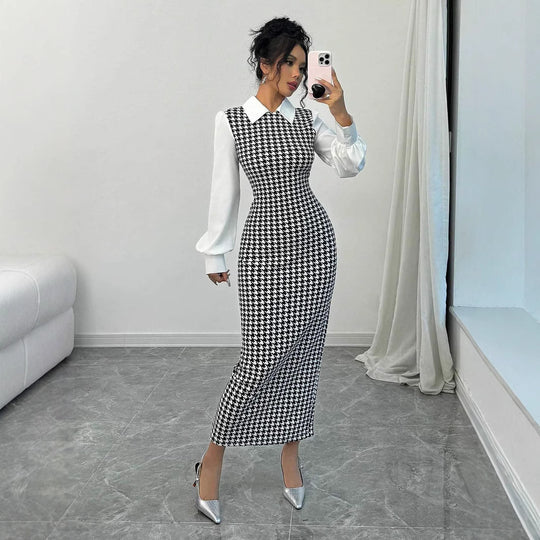 Damen elegantes Midirkleid mit glänzenden Puffärmeln EB