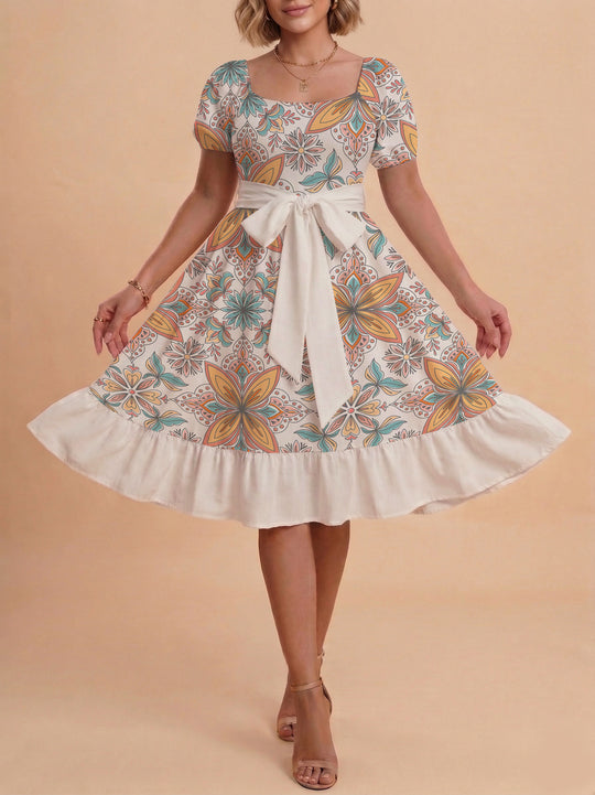 Damen modernes Blumenkleid mit elegantem Taillengürtel und asymmetrischem Saum EB