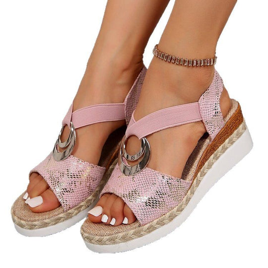 Damen Keil-Sandalen mit Bast-Plateau, elastischem Riemen und Zier-Öse EB