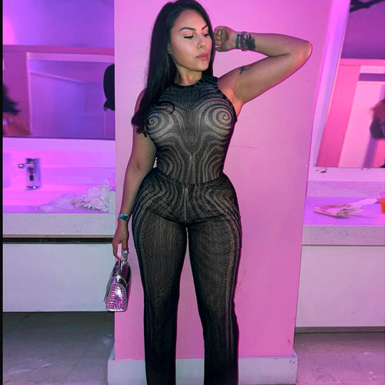 Damen Eleganter Mesh Jumpsuit mit Racerback und figurbetonter Silhouette EB