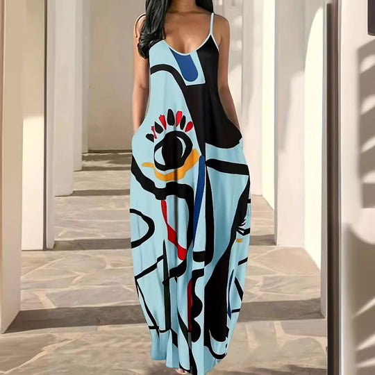 Damen Elegantes Maxikleid mit modernem abstraktem Print und fließendem Schnitt EB