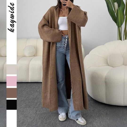 Damen nan extra-langer Oversize-Strickmantel mit offenem Schnitt, weiten Ärmeln und Kimonokragen EB