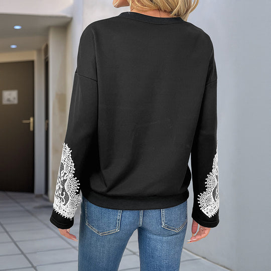 Damen elegantes Sweatshirt mit Spitzenakzenten an den Ärmeln EB