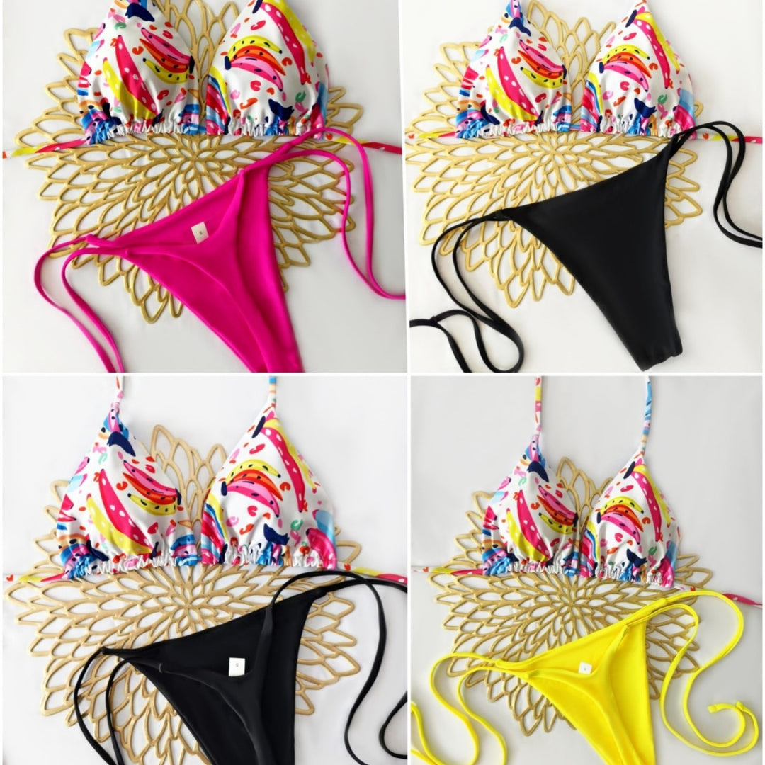 Damen Bikini-Set mit buntem Obstmuster und seitlichem Knoten EB
