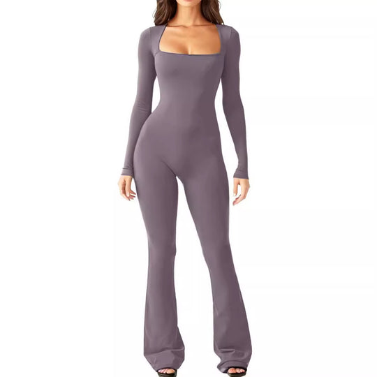 Damen Eleganter Langarm-Jumpsuit mit weitem Bein und tiefem Ausschnitt EB