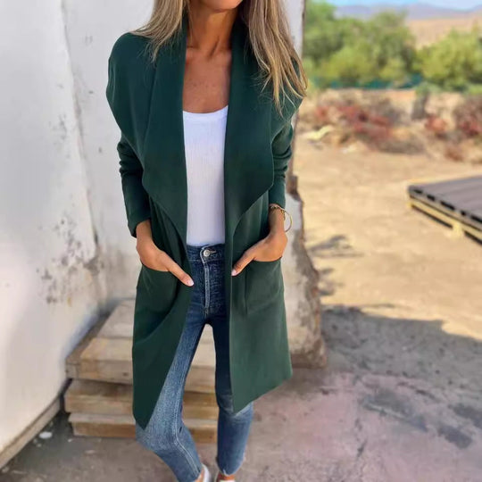 Damen Lässiger Oversize Mantel mit Offenem Kragen und Praktischen Taschen EB