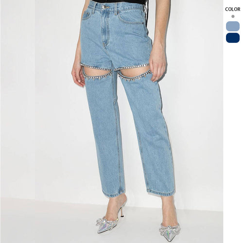 Damen Jeans mit ausgefallenem Cut-Out-Design und glitzernden Verzierungen EB