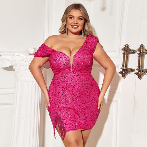 Damen Funkelndes Minikleid mit asymmetrischem Ausschnitt und Fransen EB