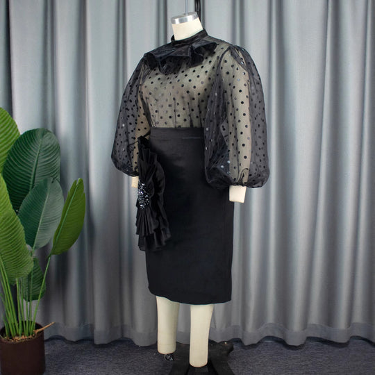 Damen Elegantes Kleid mit transparenten Puffärmeln und Rüschenakzent EB