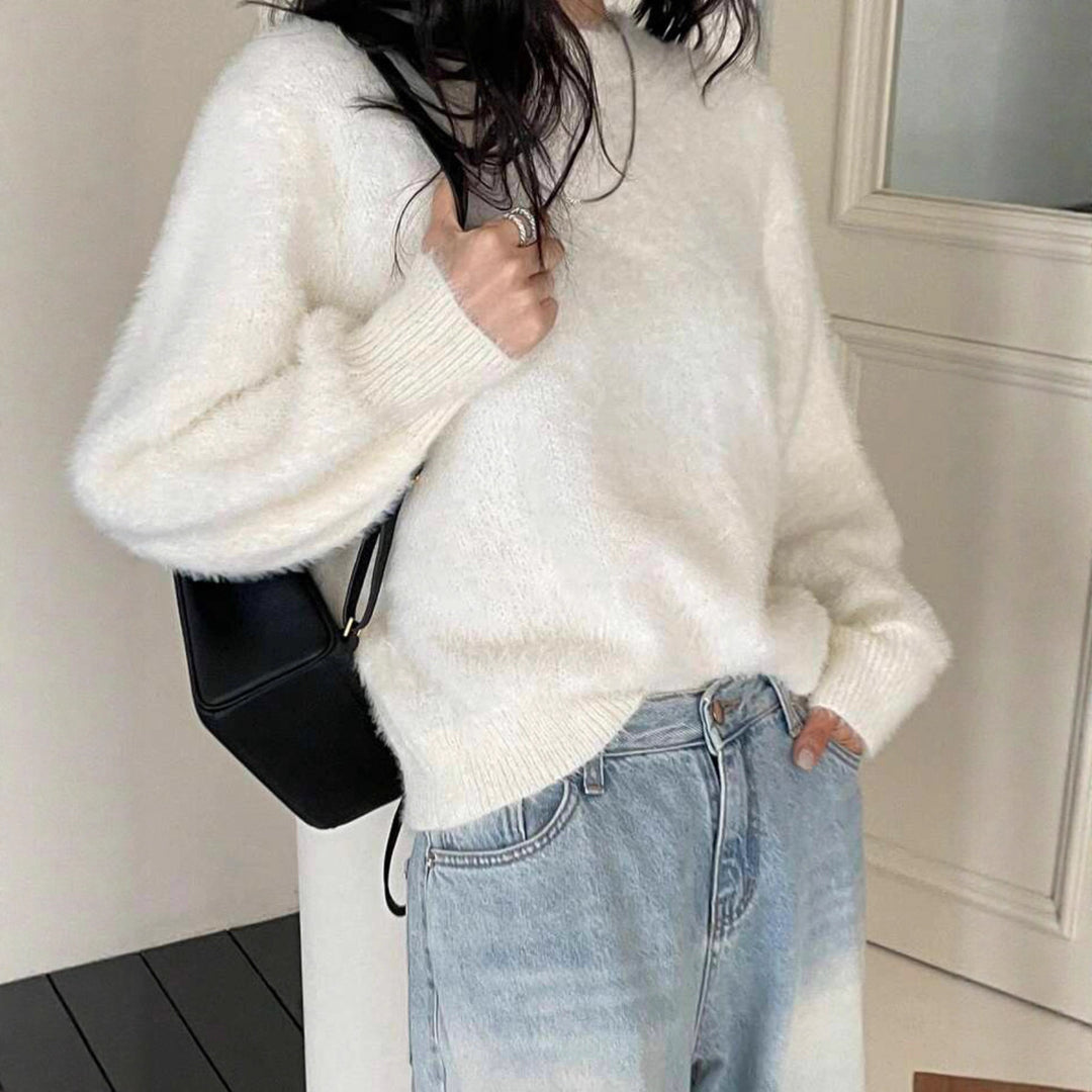 Damen Kurzgeschnitteter Flauschpullover mit Ballonärmeln und Rundhalsausschnitt EB
