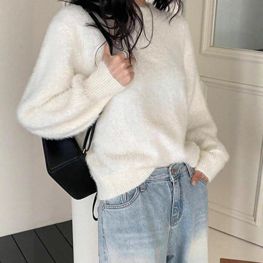 Damen Kurzgeschnitteter Flauschpullover mit Ballonärmeln und Rundhalsausschnitt EB