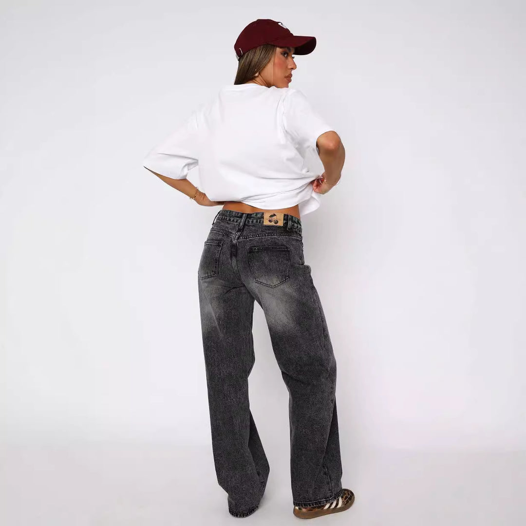 Damen lässige weite Jeans mit hohem Bund und modischem Schnitt EB