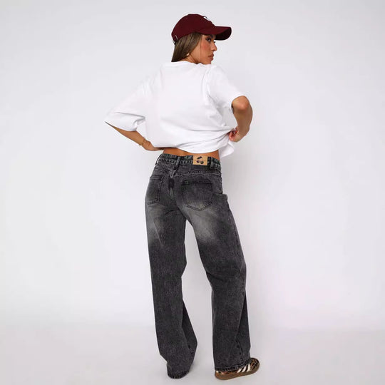 Damen lässige weite Jeans mit hohem Bund und modischem Schnitt EB