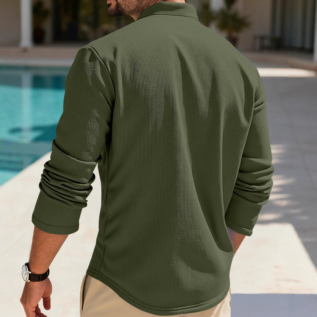 Herren nan strukturiertes Langarm-Henley mit Nehru-Kragen und Ton-in-Ton-Knopfleiste EB
