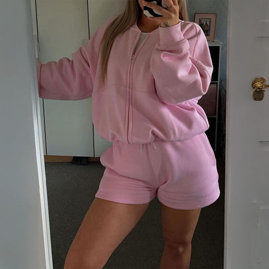 Damen nan zweiteiliges Sweat-Set mit oversized Reißverschluss-Jacke und elastischer Highwaist-Shorts EB